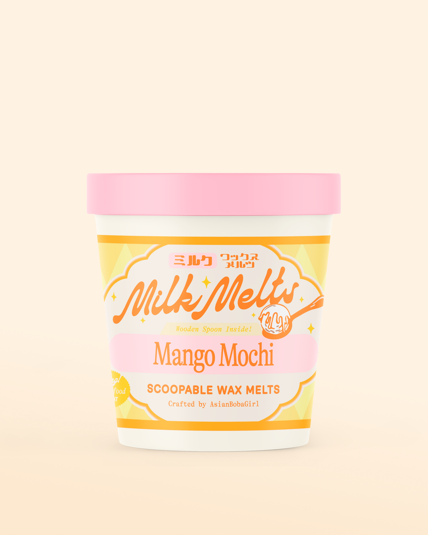 Handmade wax melts in an ice cream pint with a mango mochi inspired scent.