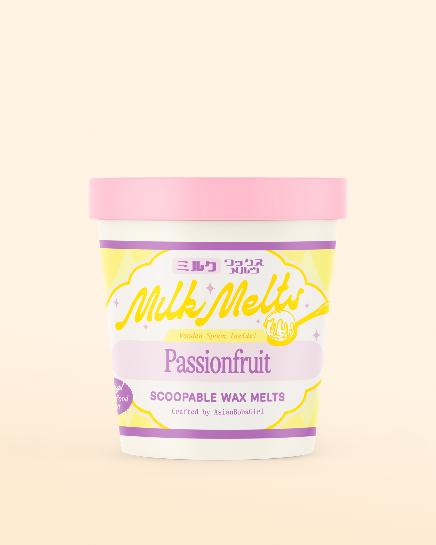 Handmade wax melts in an ice cream pint with a passionfruit inspired scent.