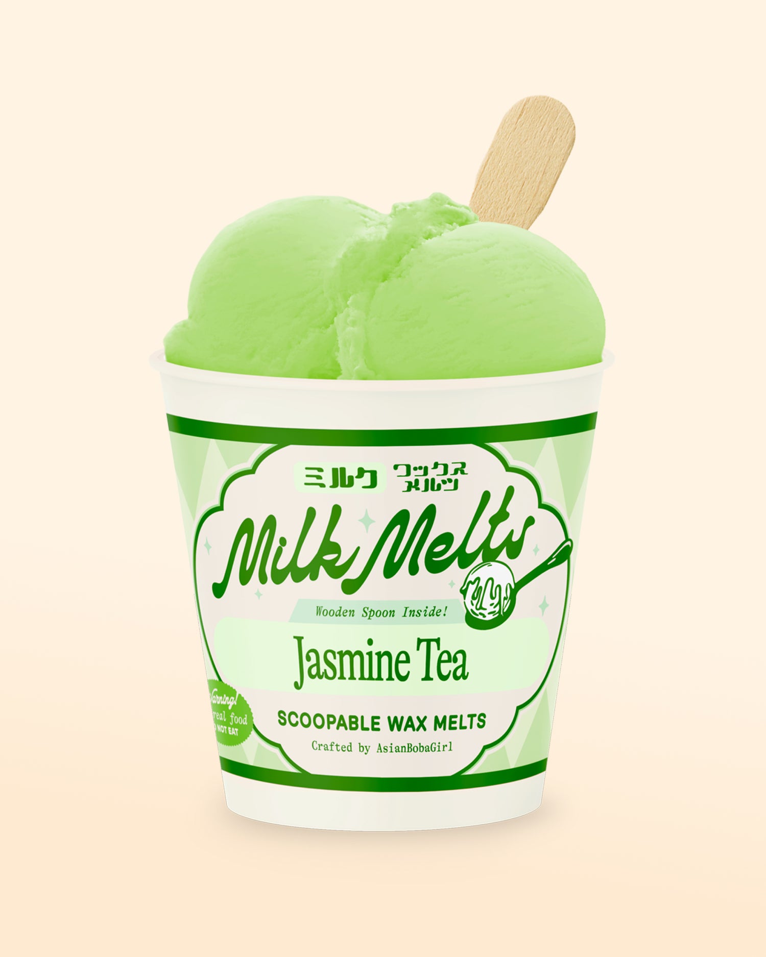 Handmade scoopable wax melts in an ice cream pint with a jasmine tea inspired scent, made for home wax warmers