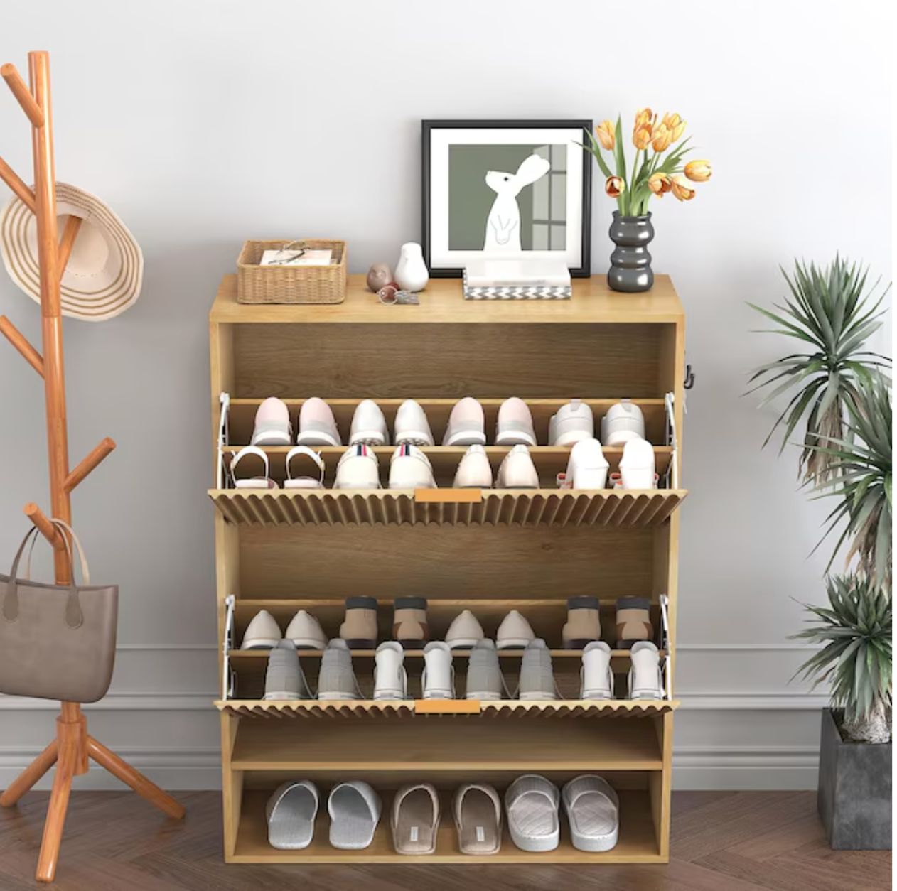 Garvee Fluted Shoe Storage Cabinet/ Freestanding Slim Hidden Shoe Rack Cabinet with 2 Flip Drawers and Bottom Open Shelf for Closet Hallway Foyer Natural