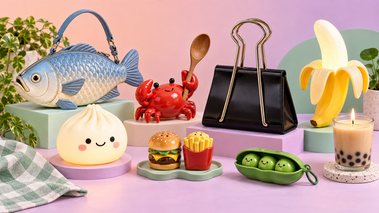 Playful products that look like other things: a fish bag, dumpling lamp, crab spoon holder, binder clip bag, and boba candle