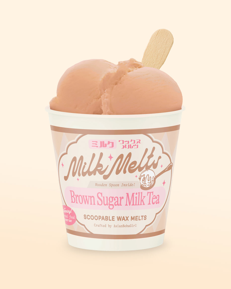 Handmade scoopable wax melts in an ice cream pint with a brown sugar milk tea inspired scent, made for home wax warmers