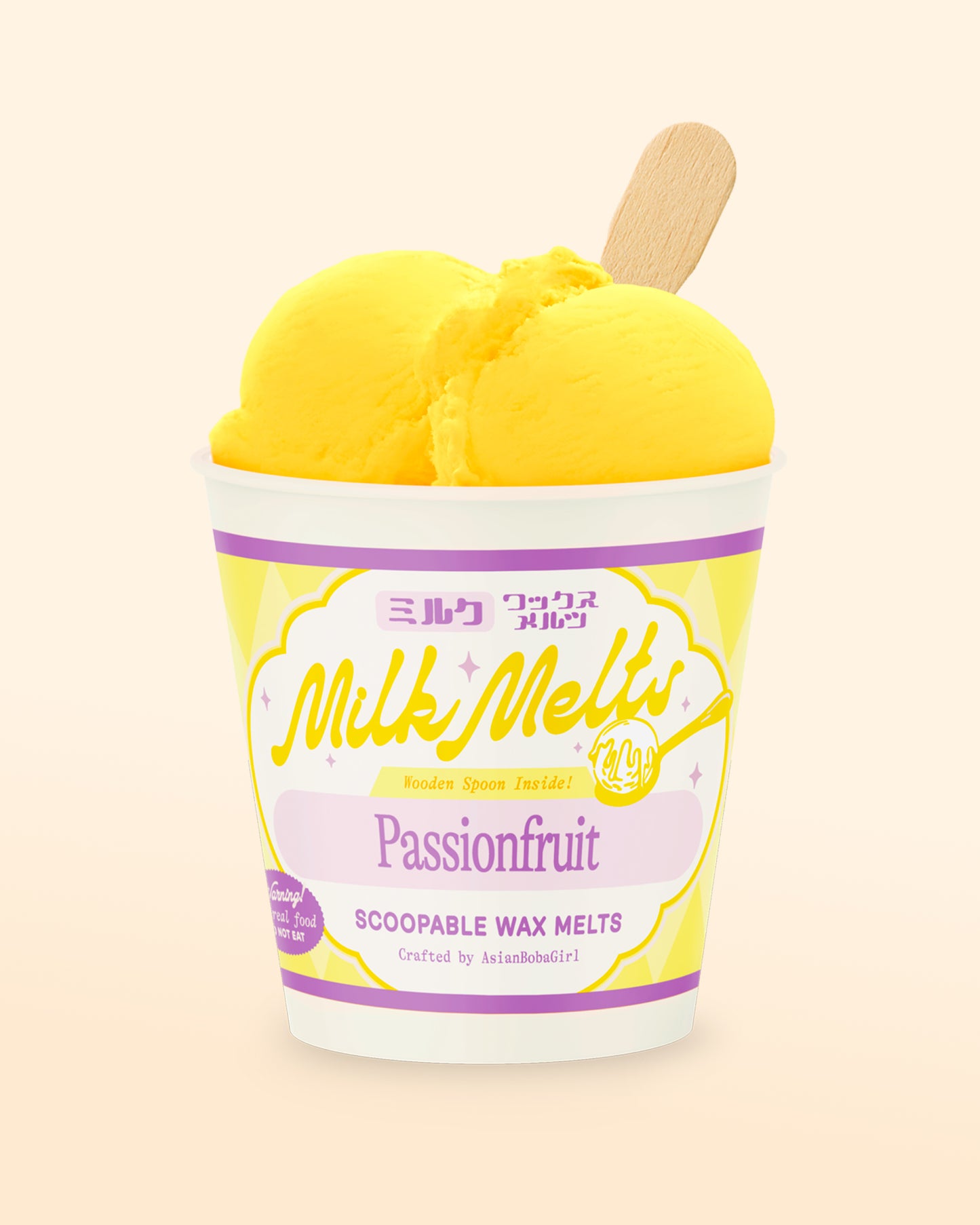 Handmade scoopable wax melts in an ice cream pint with a passionfruit inspired scent, made for home wax warmers