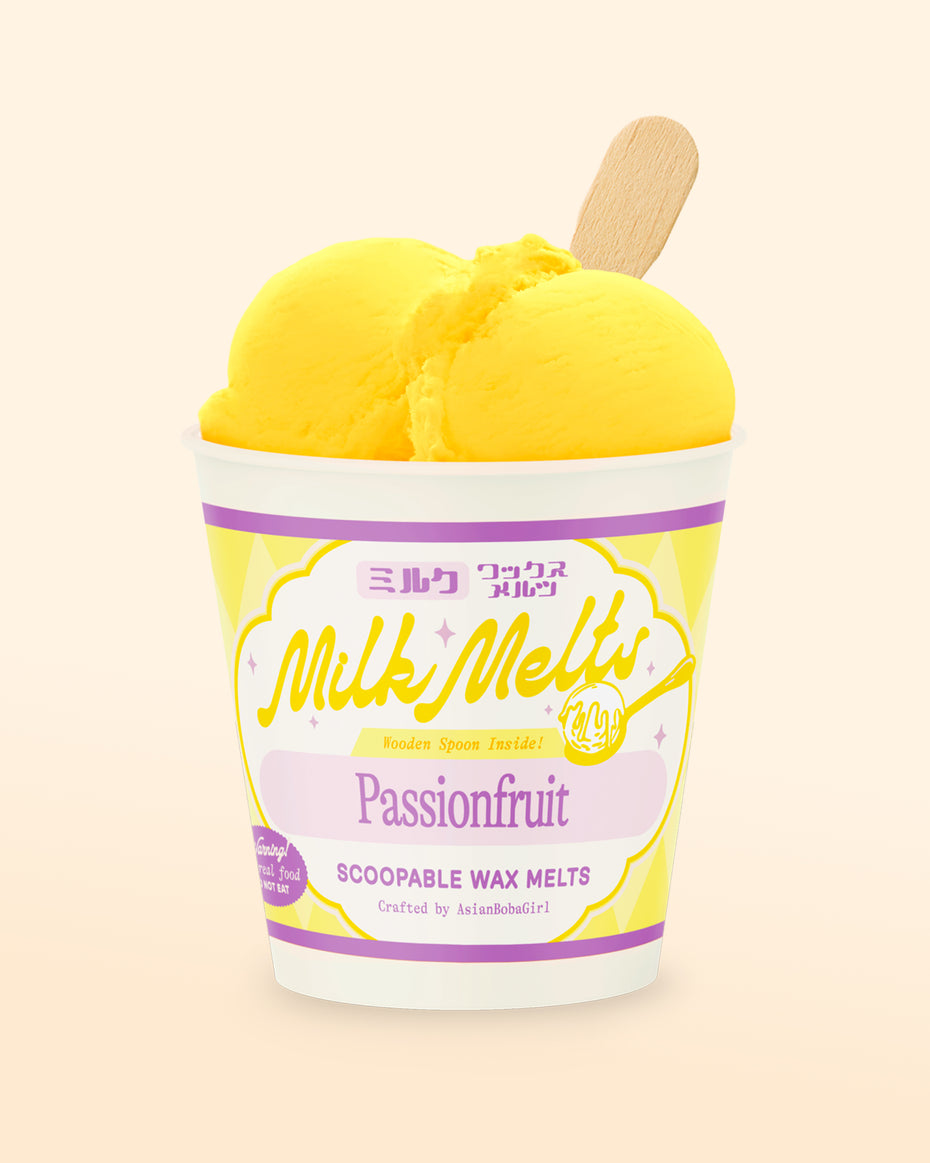 Handmade scoopable wax melts in an ice cream pint with a passionfruit inspired scent, made for home wax warmers