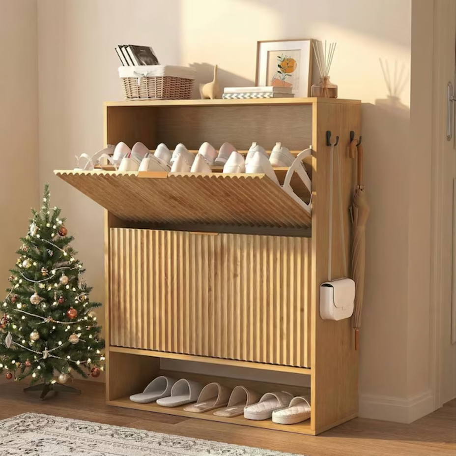 Garvee Fluted Shoe Storage Cabinet/ Freestanding Slim Hidden Shoe Rack Cabinet with 2 Flip Drawers and Bottom Open Shelf for Closet Hallway Foyer Natural