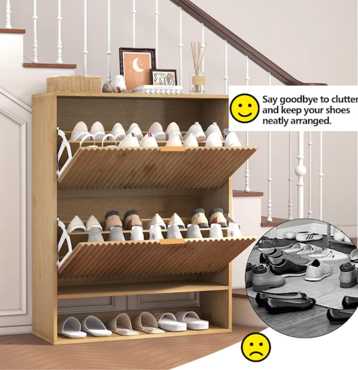 Garvee Fluted Shoe Storage Cabinet/ Freestanding Slim Hidden Shoe Rack Cabinet with 2 Flip Drawers and Bottom Open Shelf for Closet Hallway Foyer Natural