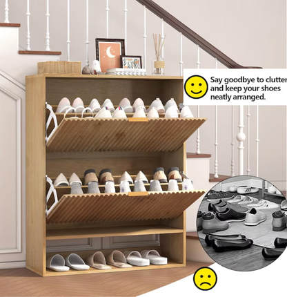 Garvee Fluted Shoe Storage Cabinet/ Freestanding Slim Hidden Shoe Rack Cabinet with 2 Flip Drawers and Bottom Open Shelf for Closet Hallway Foyer Natural