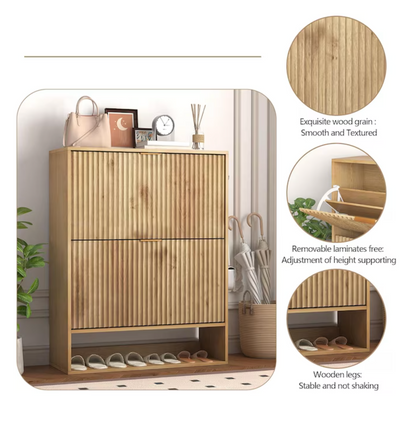 Garvee Fluted Shoe Storage Cabinet/ Freestanding Slim Hidden Shoe Rack Cabinet with 2 Flip Drawers and Bottom Open Shelf for Closet Hallway Foyer Natural