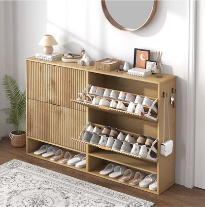 Garvee Fluted Shoe Storage Cabinet/ Freestanding Slim Hidden Shoe Rack Cabinet with 2 Flip Drawers and Bottom Open Shelf for Closet Hallway Foyer Natural