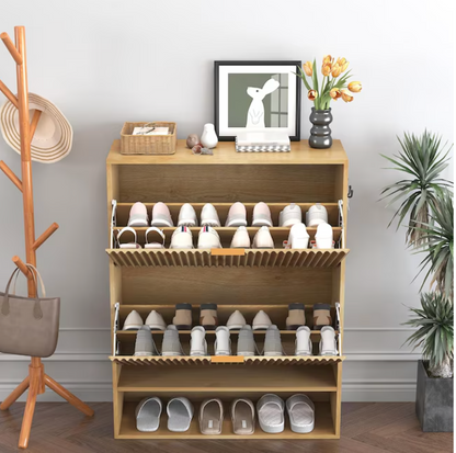 Garvee Fluted Shoe Storage Cabinet/ Freestanding Slim Hidden Shoe Rack Cabinet with 2 Flip Drawers and Bottom Open Shelf for Closet Hallway Foyer Natural