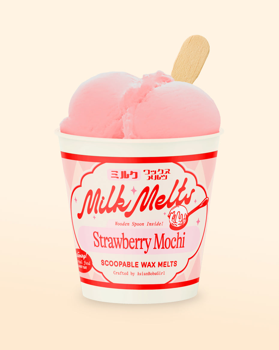 Handmade scoopable wax melts in an ice cream pint with a strawberry mochi inspired scent, made for home wax warmers