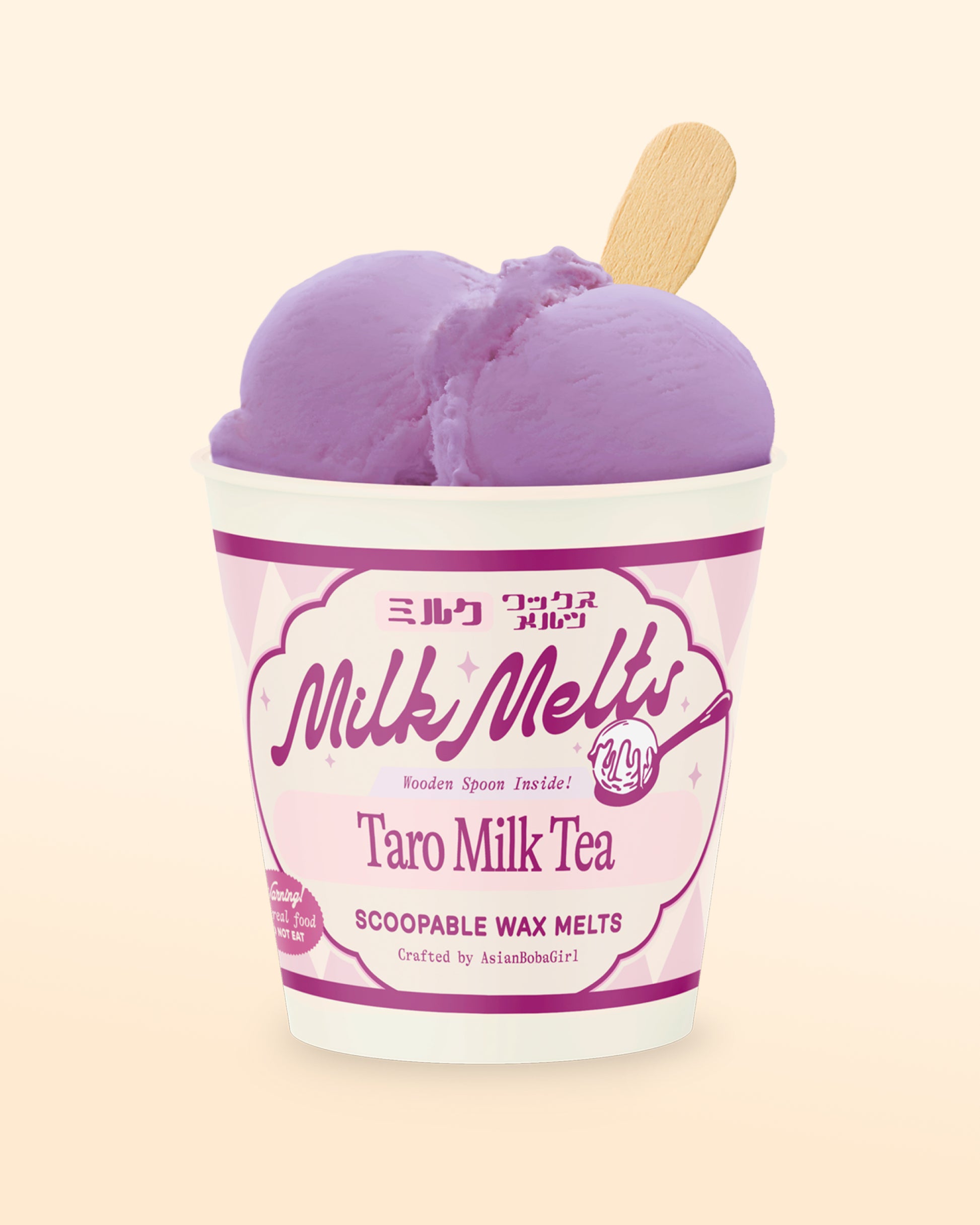 Handmade scoopable wax melts in an ice cream pint with a taro milk tea inspired scent, made for home wax warmers