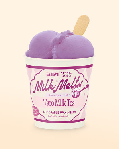 Handmade scoopable wax melts in an ice cream pint with a taro milk tea inspired scent, made for home wax warmers