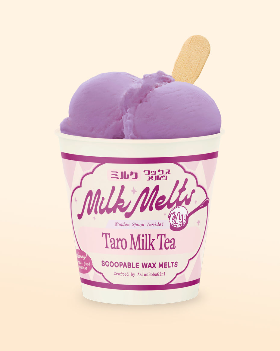 Handmade scoopable wax melts in an ice cream pint with a taro milk tea inspired scent, made for home wax warmers