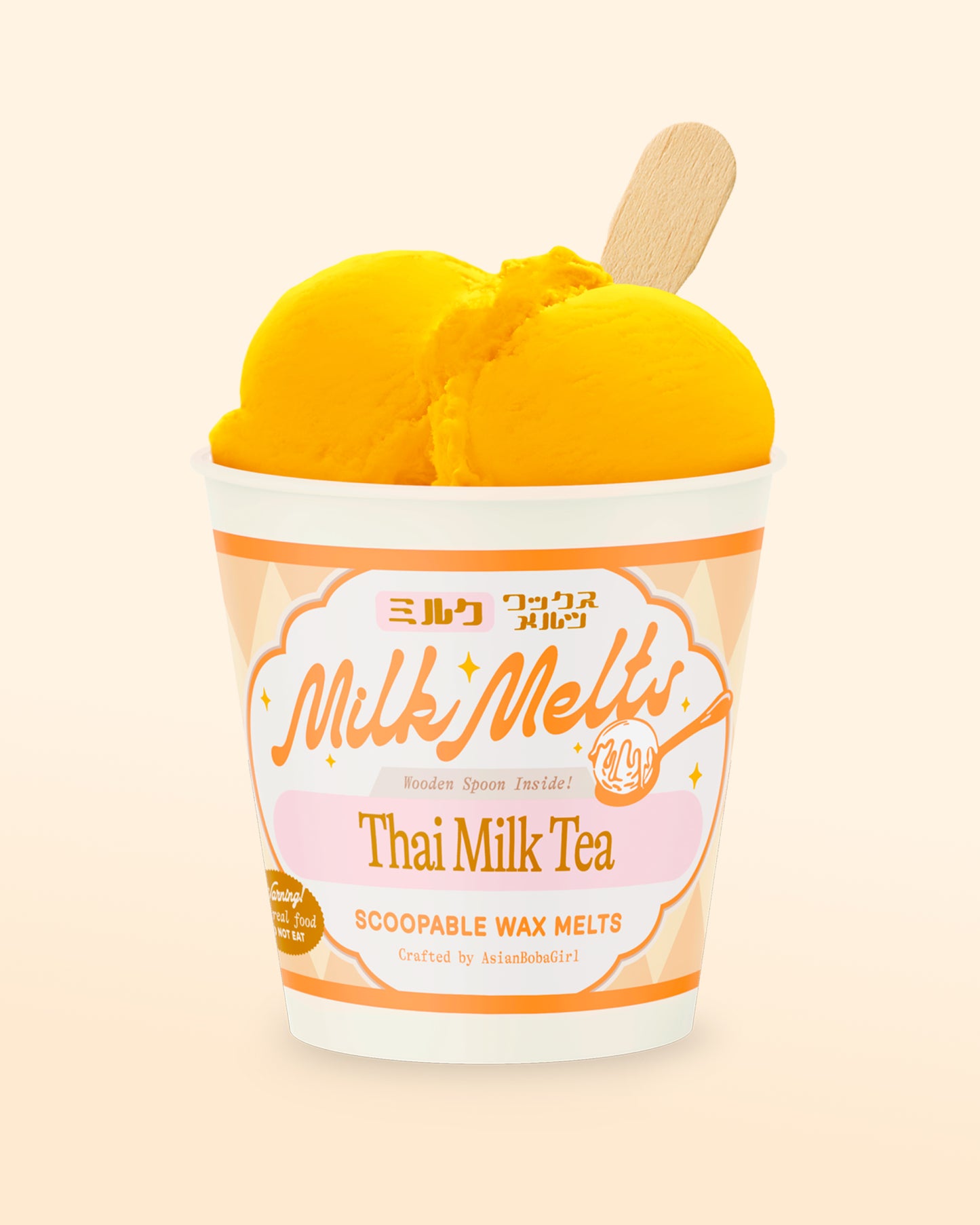 Handmade scoopable wax melts in an ice cream pint with a thai milk tea inspired scent, made for home wax warmers