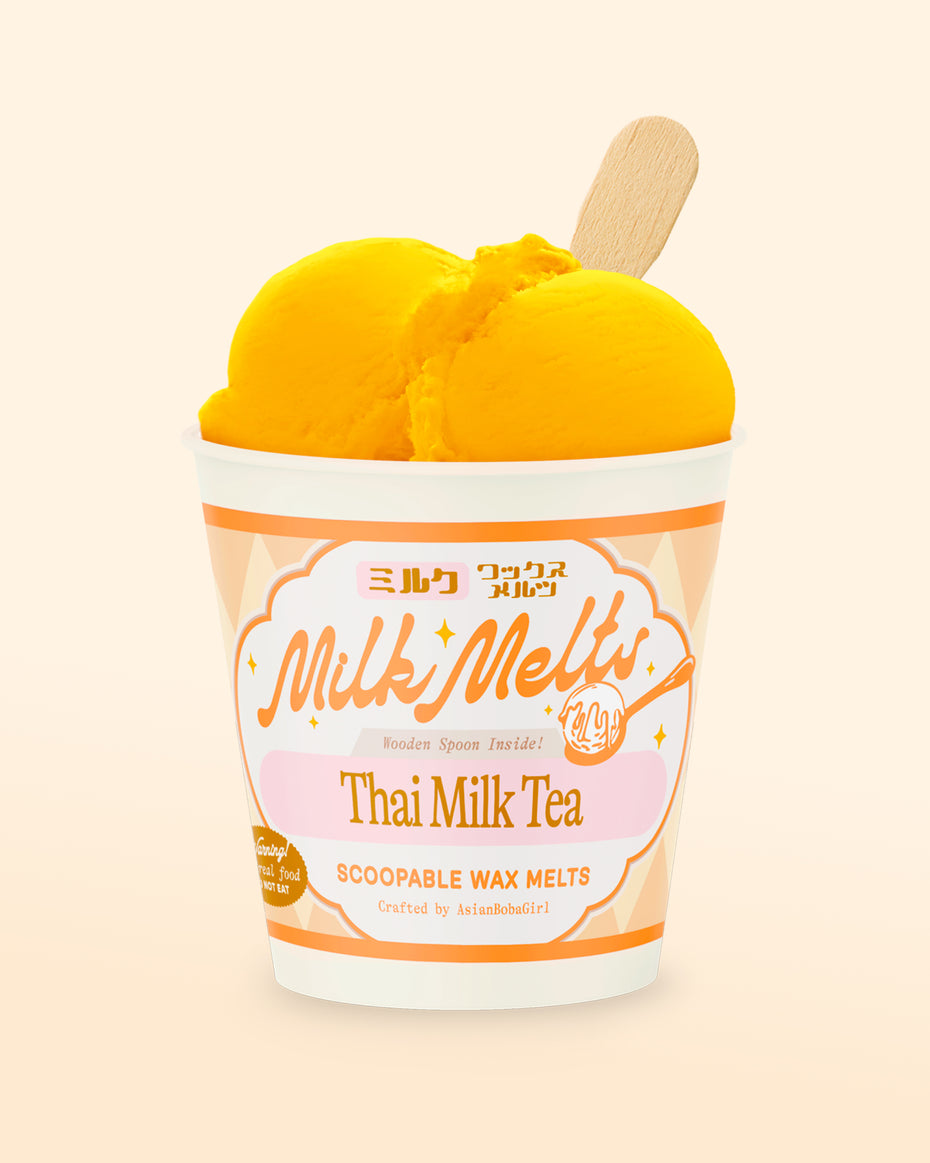Handmade scoopable wax melts in an ice cream pint with a thai milk tea inspired scent, made for home wax warmers